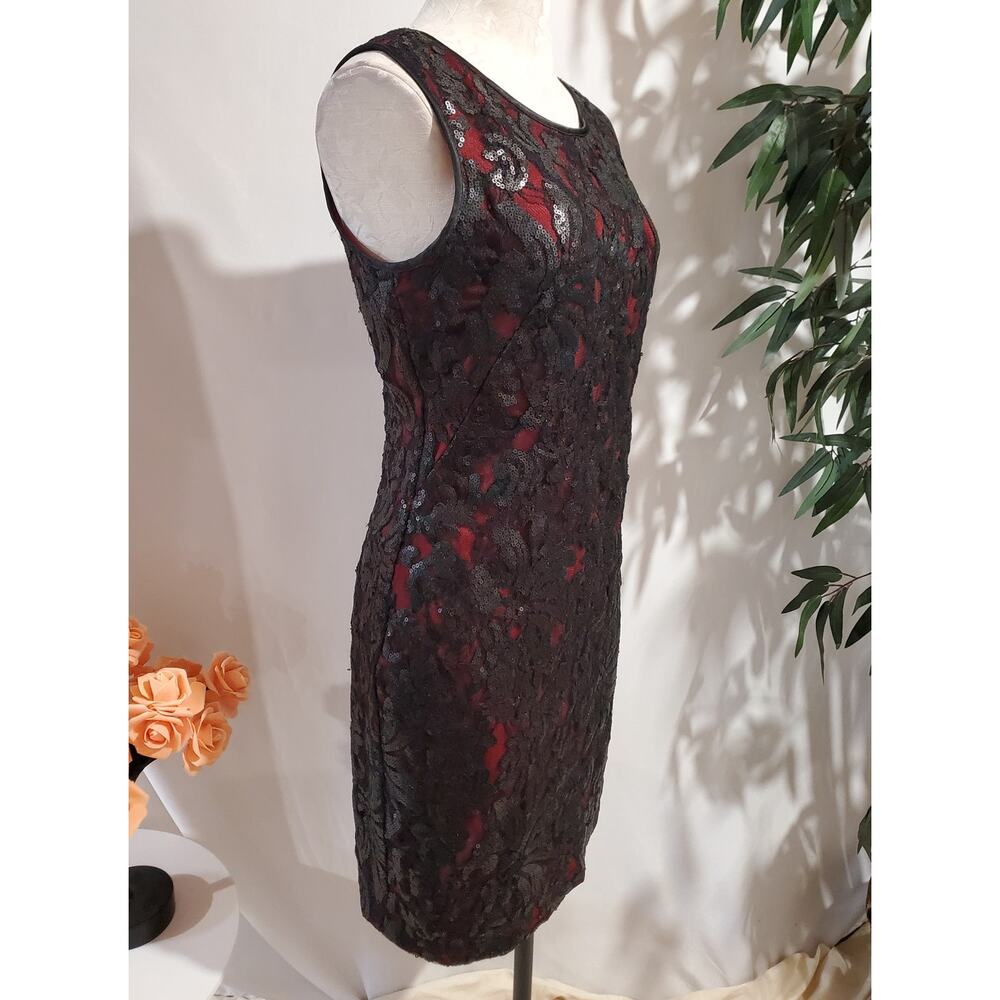 Vtg Cache Mesh Lace Overlay Sequin Sheath Dress Size 8 Black Red Gothic Vamp - Picture 2 of 11